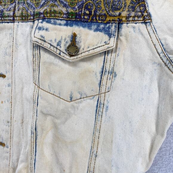 NAF NAF Jacket Mens S Bandana Patchwork Trucker Acid Washed Denim Blue VTG - Picture 7 of 16